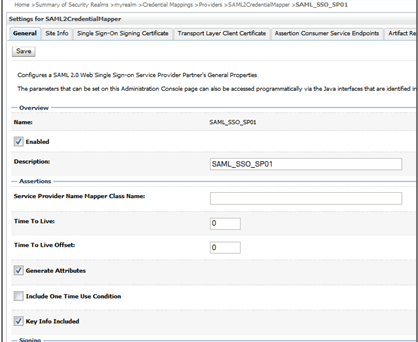 SAML 2.0 Web Single Sign-on Service Provider Partner General Settings This image shows the Single Sign-on Service Provider Partner General tab