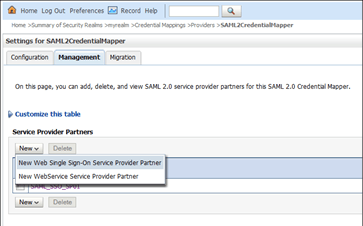 New Web Single Sign-On Service Provider Partner This images shows the New Web Single Sign-On Service Provider Partner option selected for Service Provide Partner.
