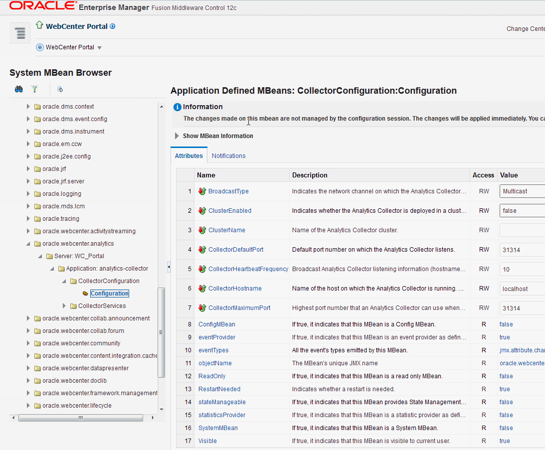 System MBeans Browser - Analytics Collector Properties Analytics Collector - MBeans Browser