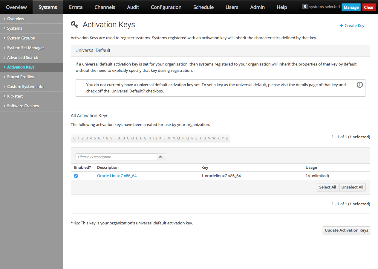 The image shows the Activation Keys page of the Oracle Linux Manager web interface. The image shows the Activation Keys page of the Oracle Linux Manager web interface.