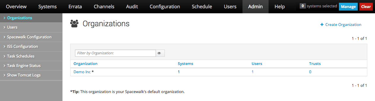 The image shows the Organizations page of the Oracle Linux Manager web interface. The image shows the Organizations page of the Oracle Linux Manager web interface.