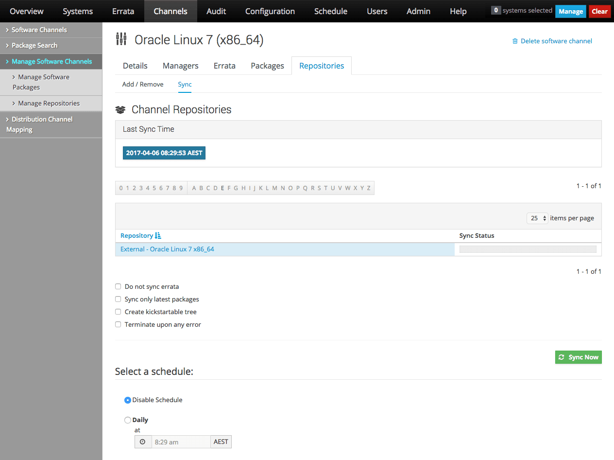 The image shows the Channel Repositories page of the Oracle Linux Manager web interface. The image shows the Channel Repositories page of the Oracle Linux Manager web interface.
