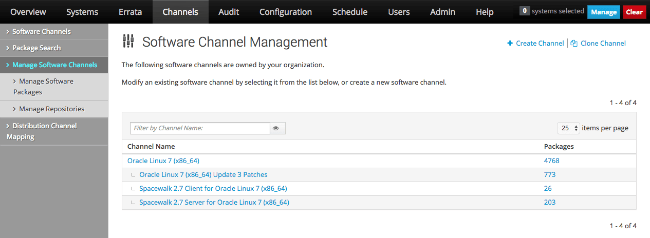 The image shows the Software Channel Management page of the Oracle Linux Manager web interface. The image shows the Software Channel Management page of the Oracle Linux Manager web interface.