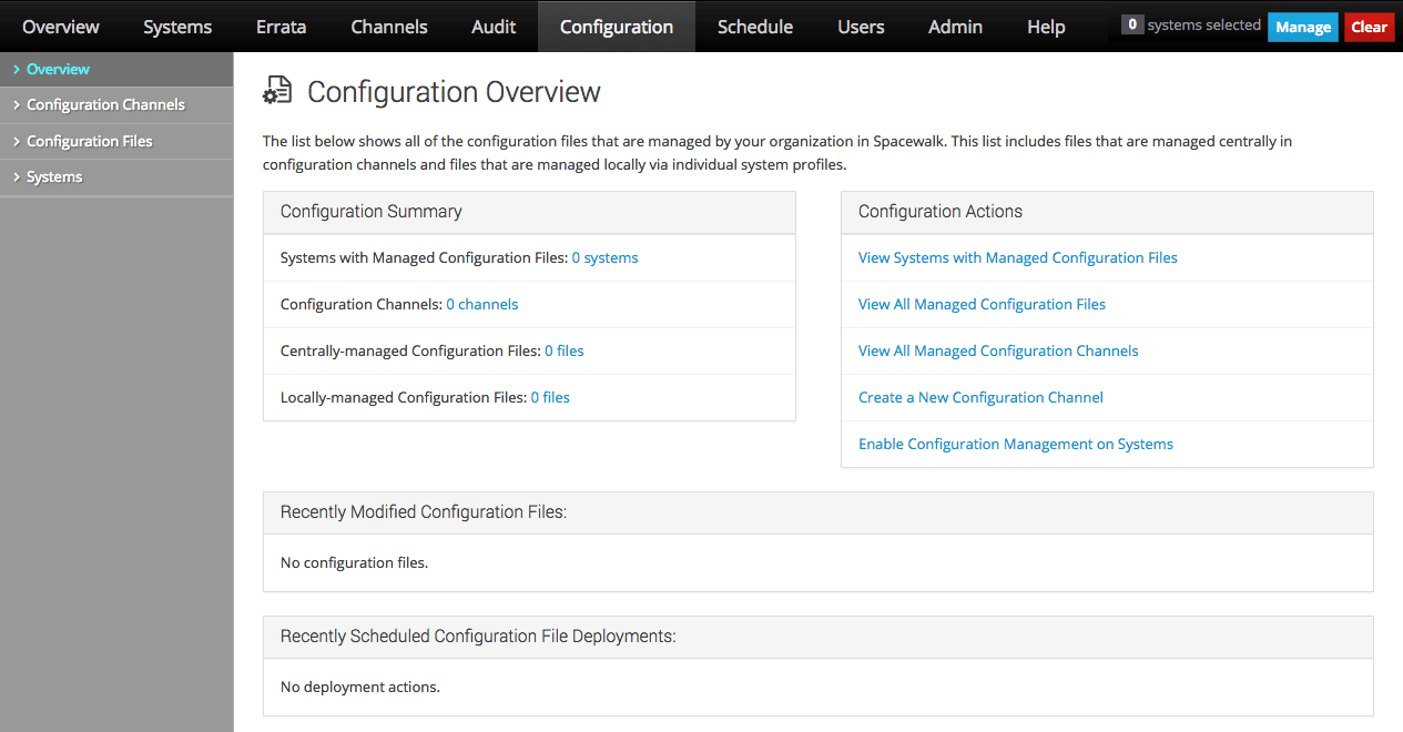 The image shows the Configuration Overview page of the Oracle Linux Manager web interface. The image shows the Configuration Overview page of the Oracle Linux Manager web interface.