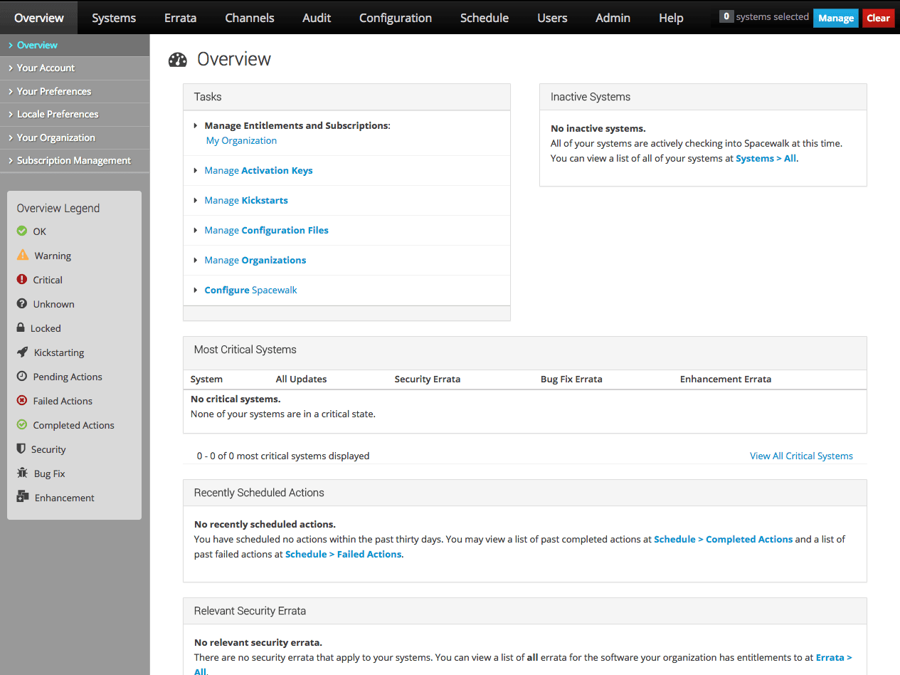 The image shows the Overview page or dashboard view of the Oracle Linux Manager web interface. The image shows the Overview page or dashboard view of the Oracle Linux Manager web interface.