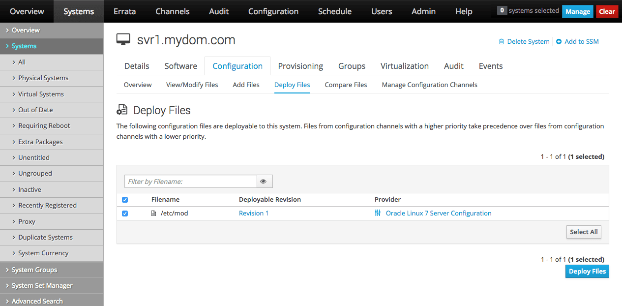 The image shows the Deploy Files page of the Oracle Linux Manager web interface. The image shows the Deploy Files page of the Oracle Linux Manager web interface.
