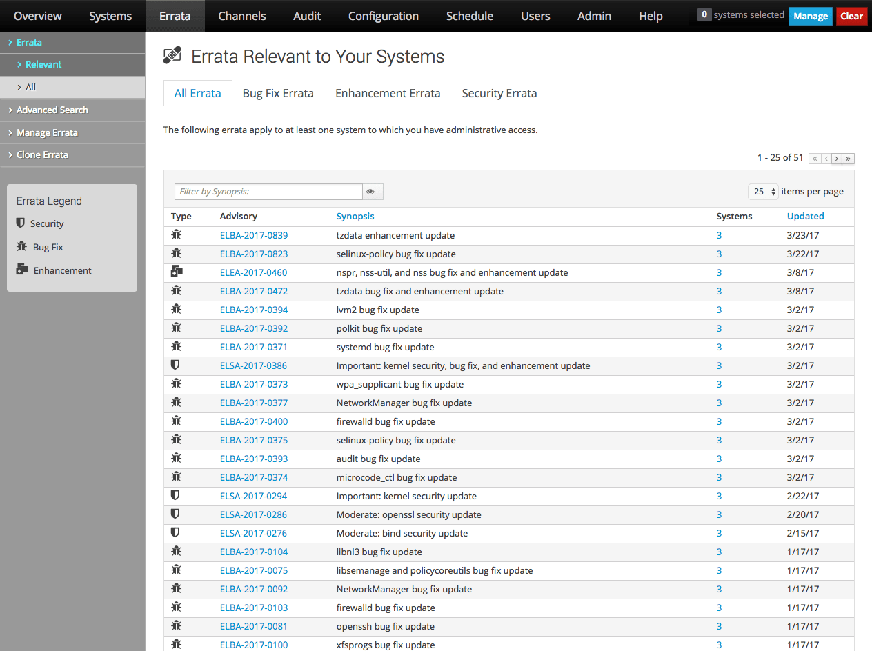 The image shows the Errata Relevant to Your Systems page of the Oracle Linux Manager web interface. The image shows the Errata Relevant to Your Systems page of the Oracle Linux Manager web interface.