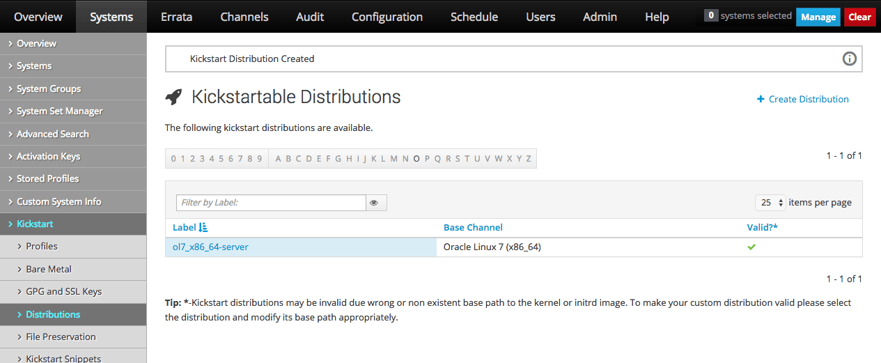 The image shows the Kickstartable Distributions page of the Oracle Linux Manager web interface. The image shows the Kickstartable Distributions page of the Oracle Linux Manager web interface.