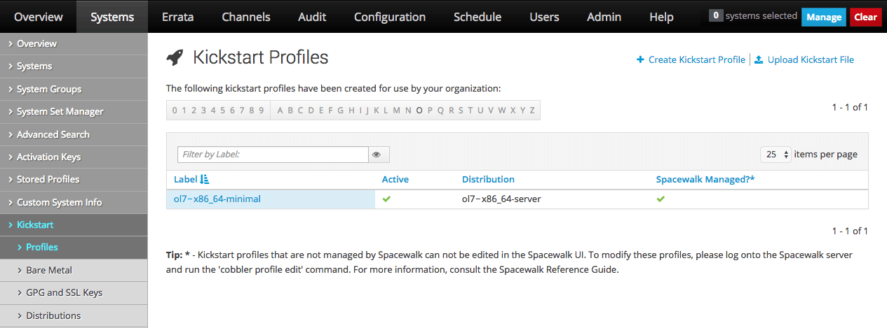 The image shows the Kickstartable Profiles page of the Oracle Linux Manager web interface. The image shows the Kickstartable Profiles page of the Oracle Linux Manager web interface.