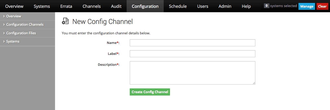 The image shows the New Config Channel page of the Oracle Linux Manager web interface. The image shows the New Config Channel page of the Oracle Linux Manager web interface.