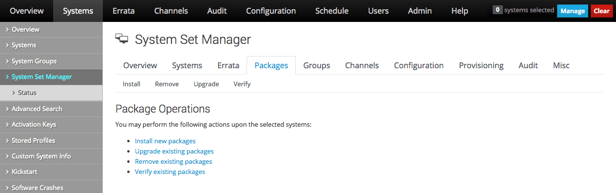 The image shows the Package Operations page of the Oracle Linux Manager web interface.