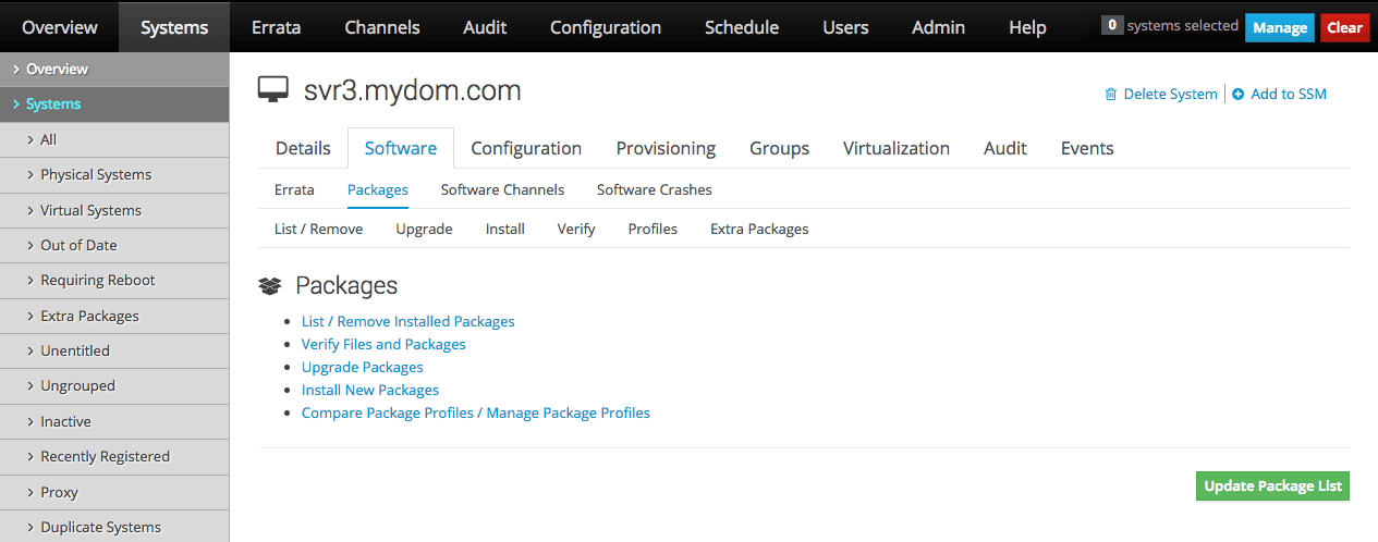 The image shows the Packages page of the Oracle Linux Manager web interface.