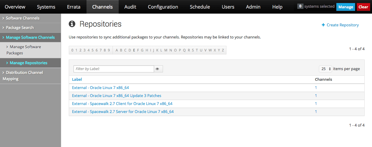 The image shows the Repositories page of the Oracle Linux Manager web interface. The image shows the Repositories page of the Oracle Linux Manager web interface.