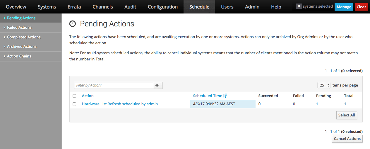 The image shows the Pending Actions page of the Oracle Linux Manager web interface. The image shows the Pending Actions page of the Oracle Linux Manager web interface.