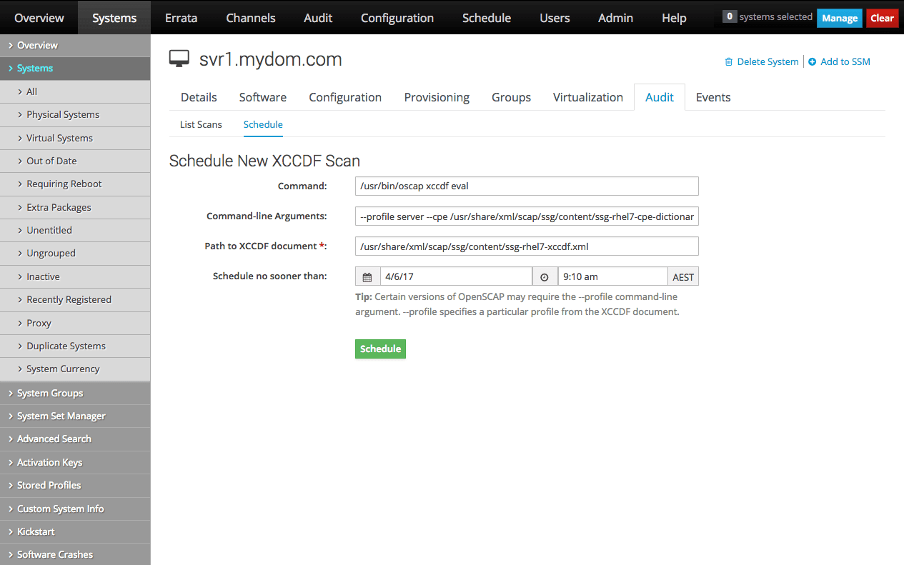 The image shows the Schedule New XCCDF Scan page of the Oracle Linux Manager web interface. The image shows the Schedule New XCCDF Scan page of the Oracle Linux Manager web interface.