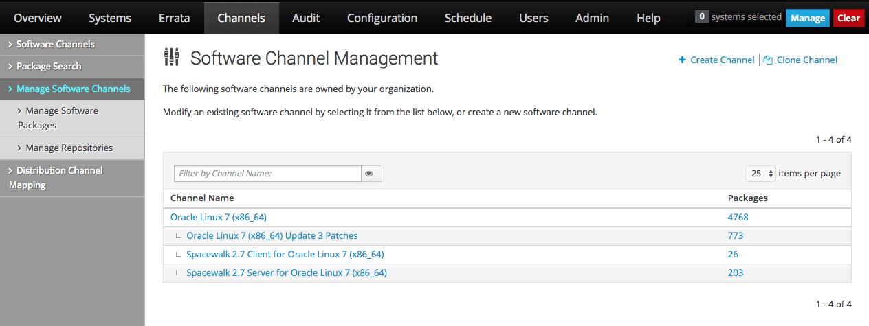 The image shows the Software Channel Management page of the Oracle Linux Manager web interface. The image shows the Software Channel Management page of the Oracle Linux Manager web interface.
