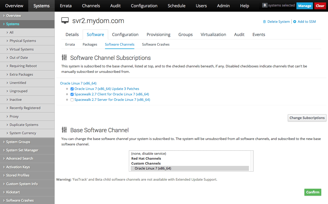 The image shows the Software Channel Subscriptions page of the Oracle Linux Manager web interface.