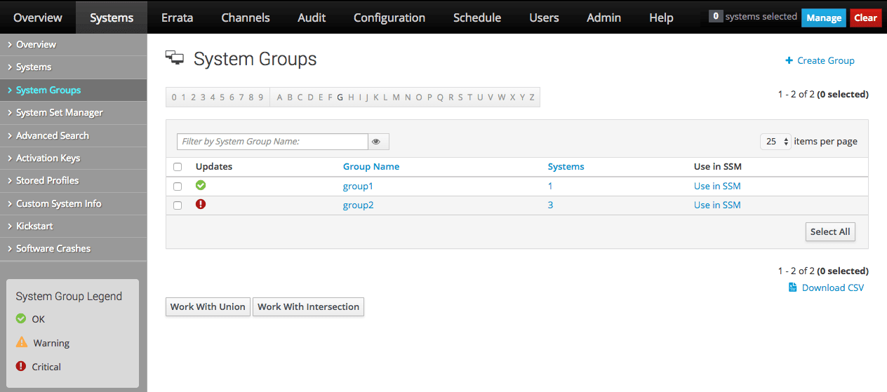The image shows the System Groups page of the Oracle Linux Manager web interface.