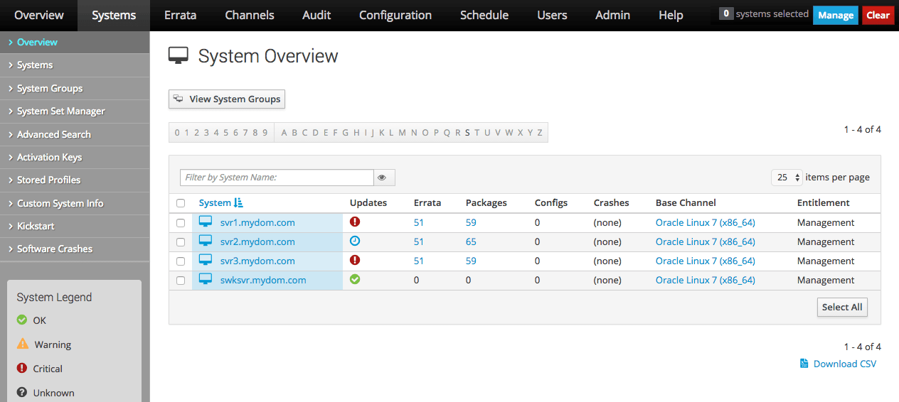 The image shows the System Overview page of the Oracle Linux Manager web interface. The image shows the System Overview page of the Oracle Linux Manager web interface.