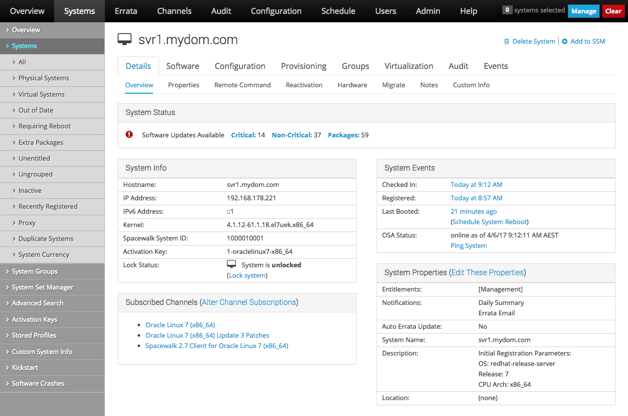 The image shows the System Status page of the Oracle Linux Manager web interface.