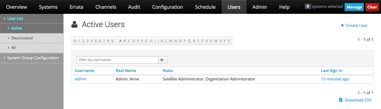 The image shows the Active Users page of the Oracle Linux Manager web interface. The image shows the Active Users page of the Oracle Linux Manager web interface.