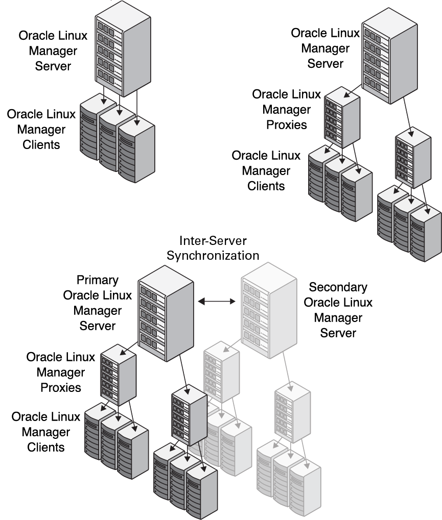 The figure shows some example deployment configurations for Oracle Linux Manager. The figure shows some example deployment configurations for Oracle Linux Manager.