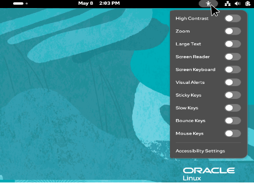 Image showing the accessibility menu opened by selecting the Accessibility Menu icon (the faceless human figure) on the desktop's top bar. The menu includes toggles for features such as High Contrast, Zoom, Large Text, and Screen Reader. Note: the mouse pointer has been depicted in augmented size to make it more visible.