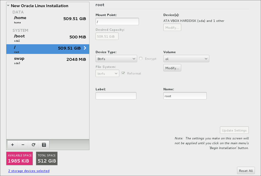 The image shows the mount points that are created for Btrfs. The mount points are listed on the left. The root (/) mount point is highlighted and the options on the right show the mount point's current configuration. The image shows the mount points that are created for Btrfs. The mount points are listed on the left. The root (/) mount point is highlighted and the options on the right show the mount point's current configuration.