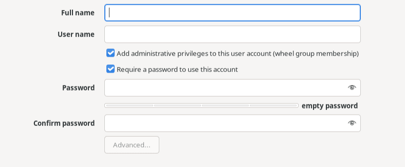 The figure shows the create user window, which includes a field for Full Name, username, a checkbox option to make the user an administrator which is selected by default, a checkbox option to require a password for the account also selected by default, and fields to set and confirm the password.
