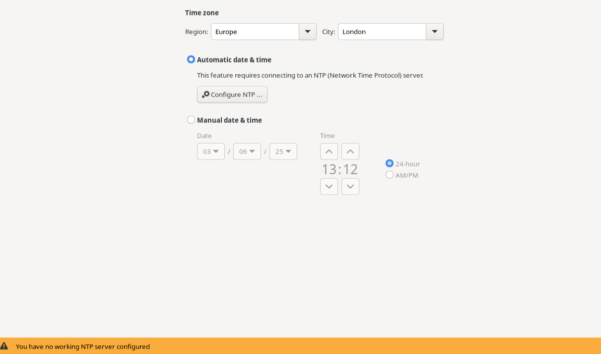 The image shows the Time & Date screen, which at the top contains two dropdown lists for selecting a region and city, radio buttons for setting date and time either automatically using NTP or manually. There is a button to configure the NTP server if automatic date and time is selected. Underneath these items are time and date editors for setting time, the time format, and date manually.