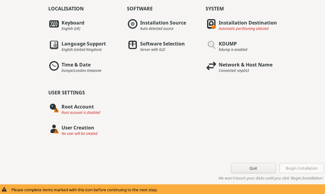 The image shows the Installation Summary screen and available options. The options are arranged as a menu and are represented by icons with text descriptions. The menu is divided into three columns with headings: Localization on the left column, with options for Keyboard, Language Support, and Date & Time; Software in the center column, with options for Installation Source and Software Selection; and System on the right column, with options for Installation Destination, Kdump, and Network & Host Name.