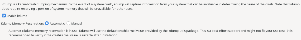 The image shows the options on the Kdump screen. At the top is a checkbox that you can select to enable Kdump, followed the option to configure the amount of memory either automatically or manually.