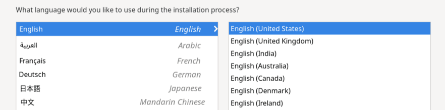 The partial image shows the Welcome Screen with options for languages and locales. The left pane lists languages while the right pane lists locales. At the bottom of the left pane is a language search box.