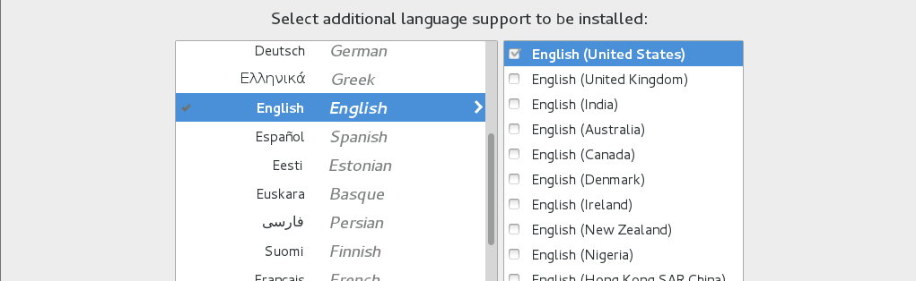 The partial image shows the available options on the Language Support screen, which contains a list of available languages on the left side, and on the right side, a list of the locales for the selected language.
