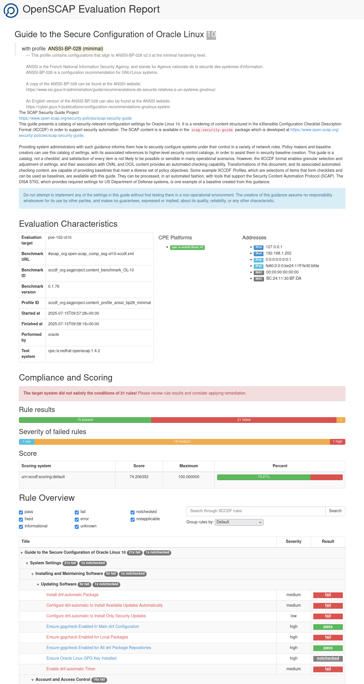 The image shows a partial view of the HTML version of a scan report generated by oscap. The top of the report contains the title and the report description. A summary information is provided based on evaluation characteristics, overall score with regards to compliance, and the severity of any reported failed flags. The rest of the report contains more detailed information about each scan action. The image shows a partial view of the HTML version of a scan report generated by oscap. The top of the report contains the title and the report description. A summary information is provided based on evaluation characteristics, overall score with regards to compliance, and the severity of any reported failed flags. The rest of the report contains more detailed information about each scan action.