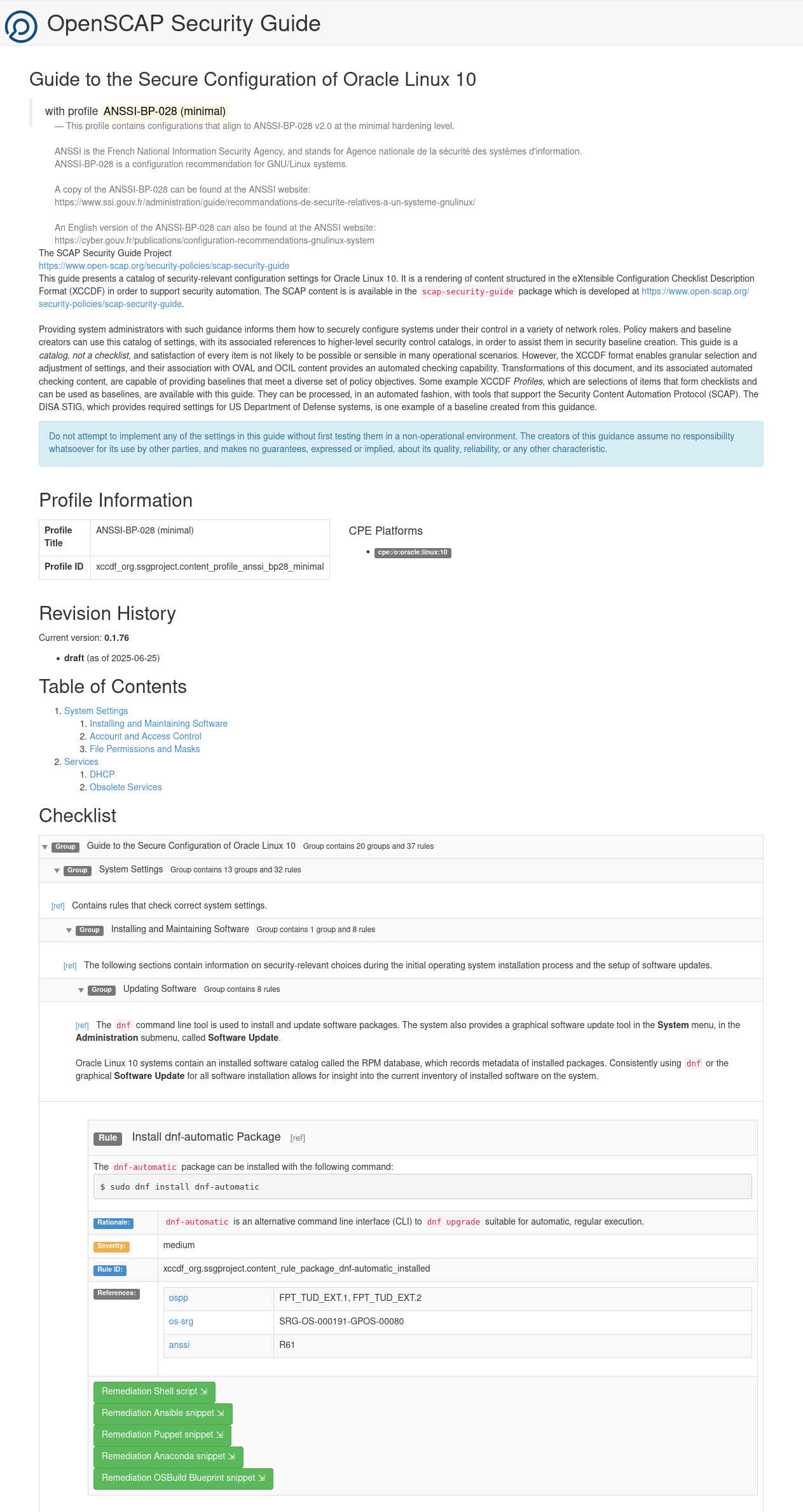 The image shows a partial view of the HTML version of a security guide generated by the oscap command. The top of the report contains the guide's title and description. The table of contents is listed, followed by the checklist that is used for generating the guide. The image shows a partial view of the HTML version of a security guide generated by the oscap command. The top of the report contains the guide's title and description. The table of contents is listed, followed by the checklist that is used for generating the guide.