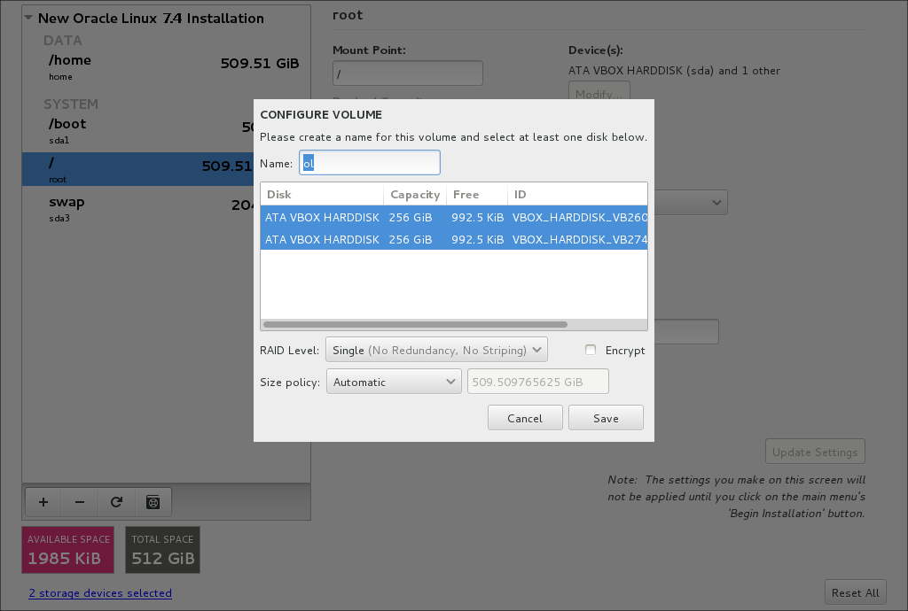 The image shows the Configure Volume window. At the top is text box for specifying the volume name, followed by a list of disks that you can select to use for the volume, and then there are options for specifying the RAID level and size of the volume. There is an Encrypt check box. At the bottom there are Cancel and Save buttons. The image shows the Configure Volume window. At the top is text box for specifying the volume name, followed by a list of disks that you can select to use for the volume, and then there are options for specifying the RAID level and size of the volume. There is an Encrypt check box. At the bottom there are Cancel and Save buttons.