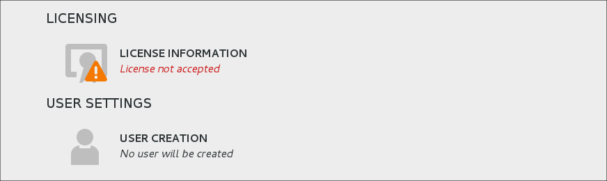 The image shows the options on the Initial Setup screen. The options are arranged as a menu with large icons, with a License Information option and a User Creation option.