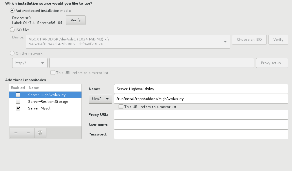 The image shows the options on the Installation Source screen. There are three options for selecting the installation source: Auto-detected Installation Media, ISO file, and On the Network. The auto-detected installation media option contains a Verify button. The ISO file option contains a drop-down list for selecting a disk, a Choose an ISO button and a Verify button. The On the Network option contains a drop-down list for selecting the network protocol, a text box for the network location, a Proxy Setup button, and a This URL Refers To A Mirror List check box. Below the options for selecting the installation source, is an area for adding repositories. There is a box on the left which lists the repositories. Below this there is a button bar with buttons for adding, removing and reloading repositories. On the right are text boxes for configuring the name, location, and proxy details of the repository that is currently selected on the left.
