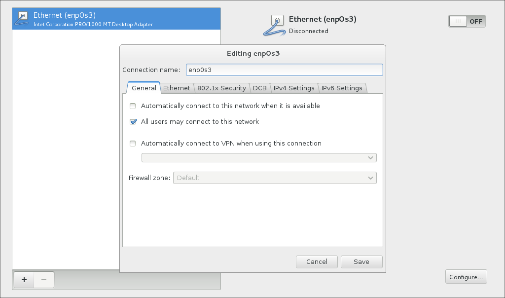 The image shows the Network & Hostname screen with the connection settings window. There is text box at the top for specifying a name for the connection. Below this are a series of tabs containing the general, ethernet, 802.1x, data center bridging, IPv4, and IPv6 settings for the device.