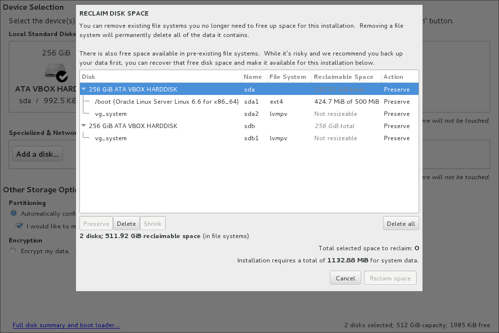 The image shows the Reclaim Disk Space window. The windows shows a list of disks and the partitions on the disks. Beneath the list there is a button bar with buttons for preserving, deleting and shrinking partitions. At the bottom of the window there are Cancel and Reclaim Space buttons.