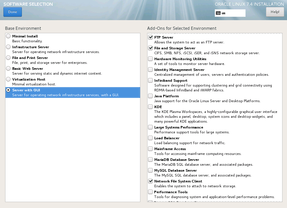 The image shows the options on the Software Selection screen. There are two boxes, the one on the left contains a list of base environments, and the one on the right contains a list of add-ons for the selected base environment. There are check boxes next to each base environment and add-on.