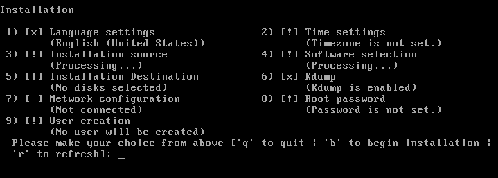 The image shows the Installation menu for a text-based installation. The image shows the Installation menu for a text-based installation.
