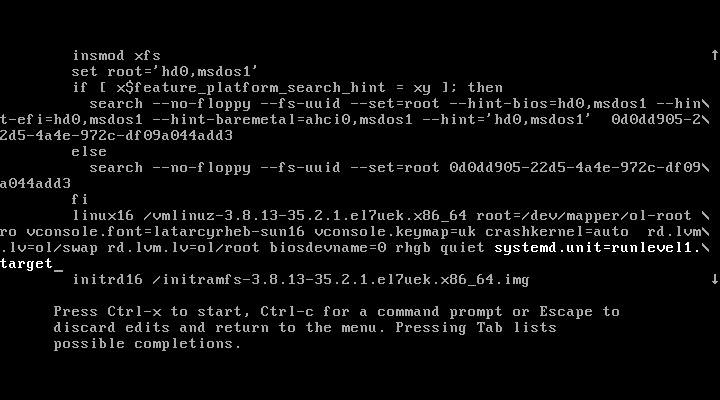 The figure shows the kernel boot line with an additional parameter systemd.target=runlevel1.target, which starts the rescue shell.