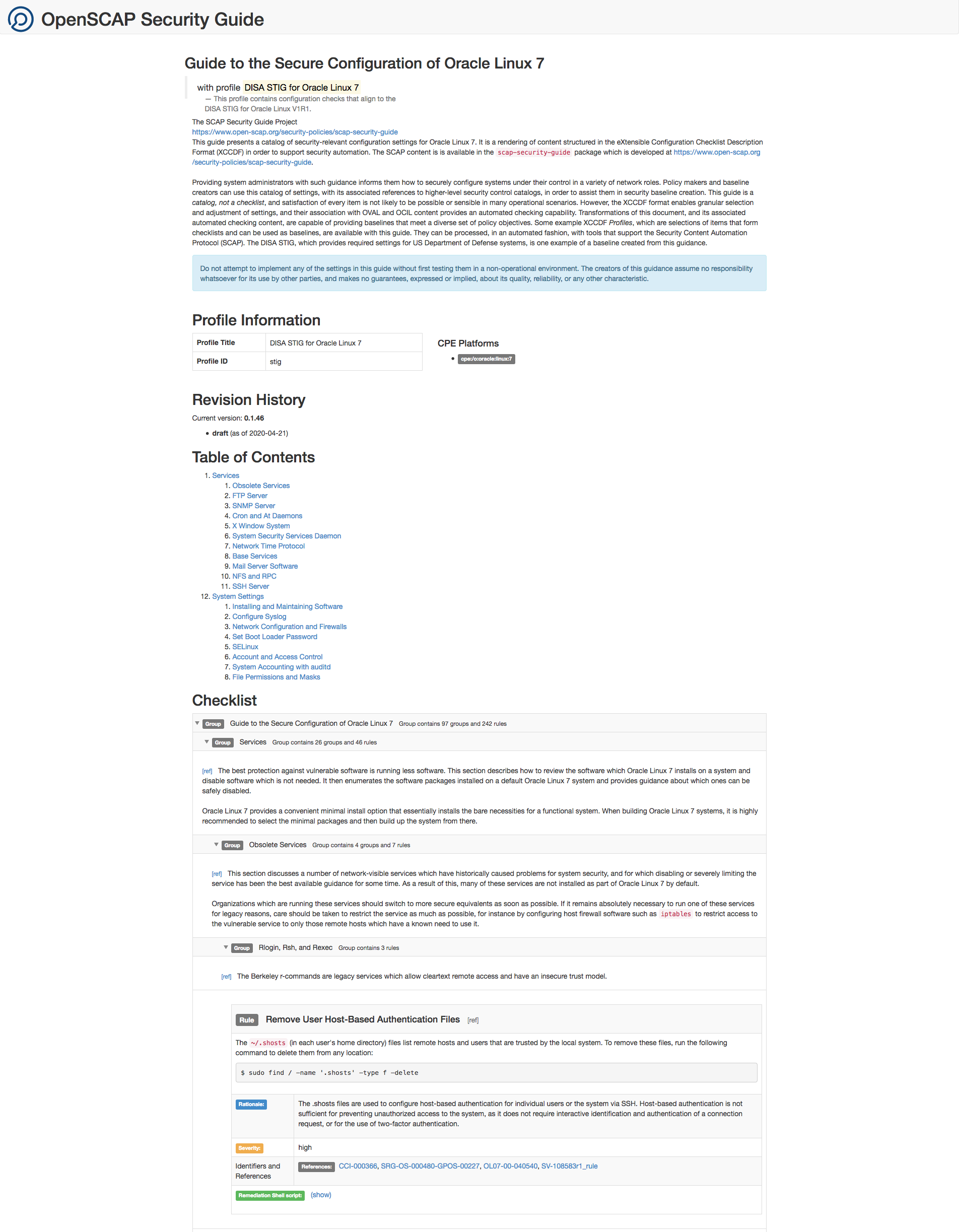 The image shows the HTML version of a full security guide generated by oscap. The image shows the HTML version of a full security guide generated by oscap.