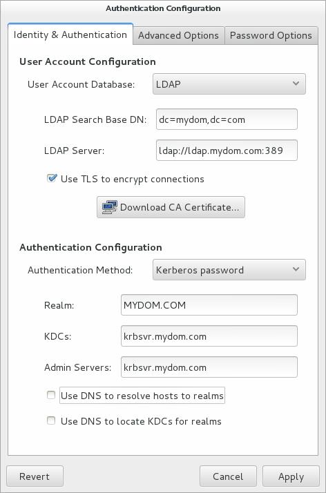 The figure shows the Authentication Configuration GUI with LDAP selected as the user account database and Kerberos selected for authentication. The figure shows the Authentication Configuration GUI with LDAP selected as the user account database and Kerberos selected for authentication.