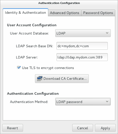 The figure shows the Authentication Configuration GUI with LDAP selected as the user account database and for authentication. The figure shows the Authentication Configuration GUI with LDAP selected as the user account database and for authentication.