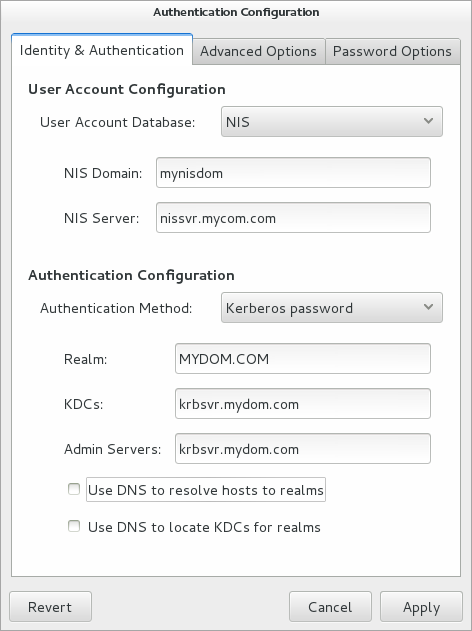 The figure shows the Authentication Configuration GUI with NIS selected as the user account database and Kerberos selected for authentication. The figure shows the Authentication Configuration GUI with NIS selected as the user account database and Kerberos selected for authentication.