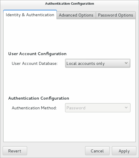 The figure shows the Authentication Configuration GUI with Local accounts only selected. The figure shows the Authentication Configuration GUI with Local accounts only selected.