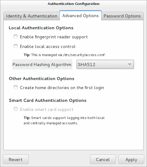 The figure shows the Authentication Configuration GUI with the Advanced Options tab selected. The figure shows the Authentication Configuration GUI with the Advanced Options tab selected.